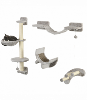PawHut 4PCs Cat Wall Furniture with Hammock, Ladder, Platforms, Steps, Grey