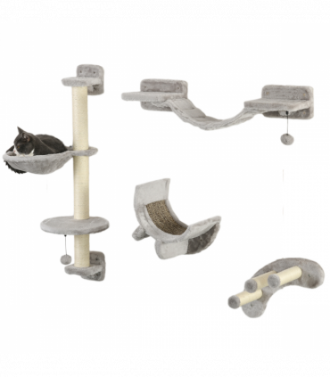PawHut 4PCs Cat Wall Furniture with Hammock, Ladder, Platforms, Steps, Grey