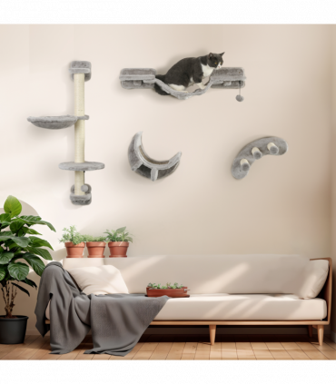 PawHut 4PCs Cat Wall Furniture with Hammock, Ladder, Platforms, Steps, Grey