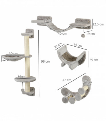 PawHut 4PCs Cat Wall Furniture with Hammock, Ladder, Platforms, Steps, Grey