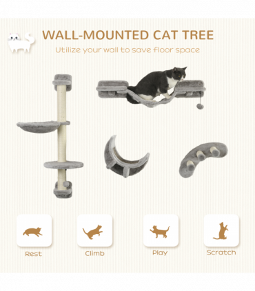 PawHut 4PCs Cat Wall Furniture with Hammock, Ladder, Platforms, Steps, Grey