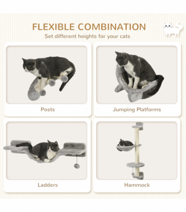 PawHut 4PCs Cat Wall Furniture with Hammock, Ladder, Platforms, Steps, Grey