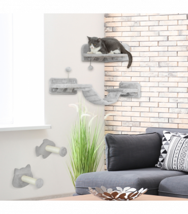 PawHut 4PCs Cat Wall Shelves with Steps, Ladder, Jumping Platforms