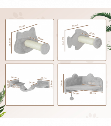 PawHut 4PCs Cat Wall Shelves with Steps, Ladder, Jumping Platforms