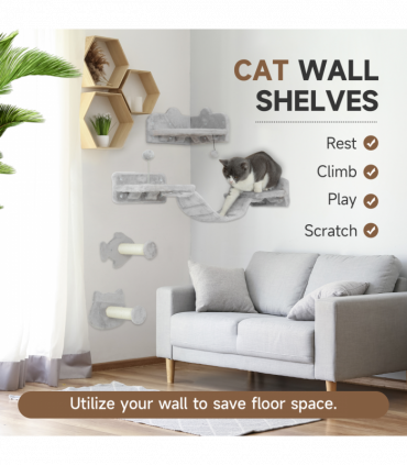 PawHut 4PCs Cat Wall Shelves with Steps, Ladder, Jumping Platforms