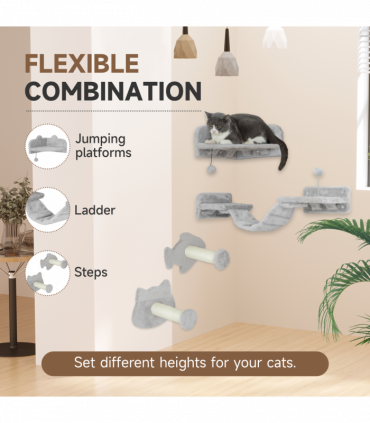 PawHut 4PCs Cat Wall Shelves with Steps, Ladder, Jumping Platforms