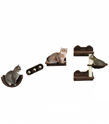 PawHut 4PCs Wall Mounted Cat Tree Cat Wall Shelves W/ Scratching Post Dark Brown