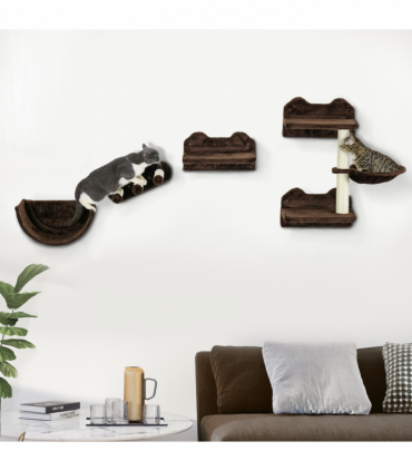 PawHut 4PCs Wall Mounted Cat Tree Cat Wall Shelves W/ Scratching Post Dark Brown