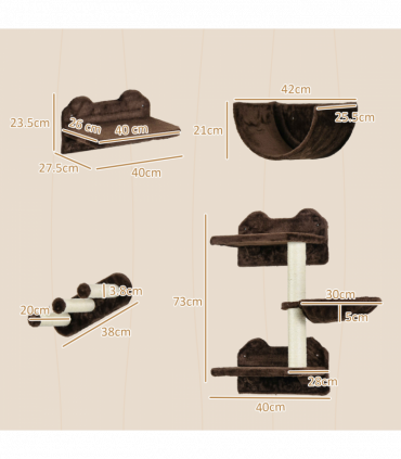 PawHut 4PCs Wall Mounted Cat Tree Cat Wall Shelves W/ Scratching Post Dark Brown