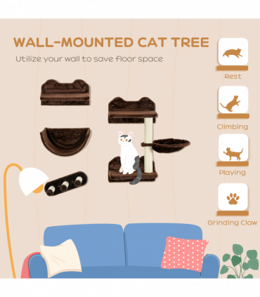 PawHut 4PCs Wall Mounted Cat Tree Cat Wall Shelves W/ Scratching Post Dark Brown
