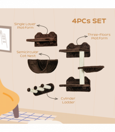 PawHut 4PCs Wall Mounted Cat Tree Cat Wall Shelves W/ Scratching Post Dark Brown