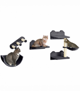 PawHut 4PCs Wall Mounted Cat Tree Cat Wall Shelves W/ Scratching Post Dark Grey