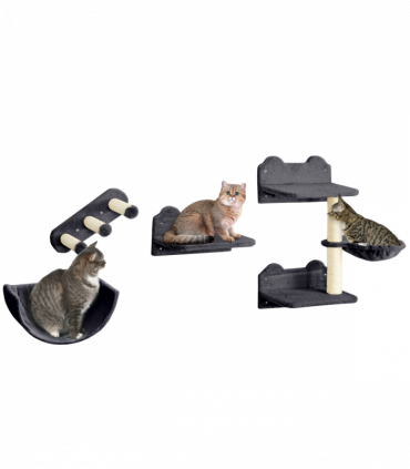 PawHut 4PCs Wall Mounted Cat Tree Cat Wall Shelves W/ Scratching Post Dark Grey