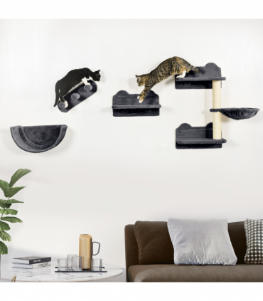 PawHut 4PCs Wall Mounted Cat Tree Cat Wall Shelves W/ Scratching Post Dark Grey