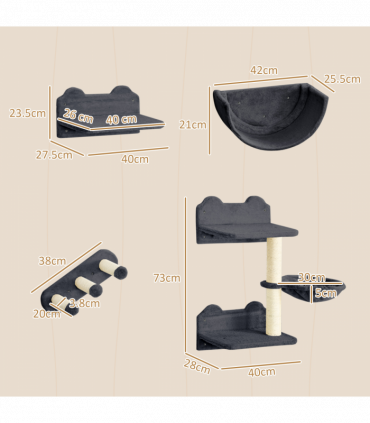 PawHut 4PCs Wall Mounted Cat Tree Cat Wall Shelves W/ Scratching Post Dark Grey