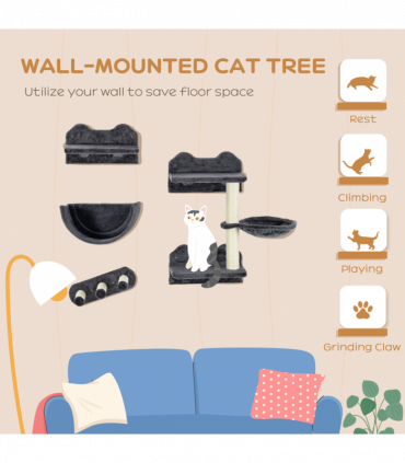 PawHut 4PCs Wall Mounted Cat Tree Cat Wall Shelves W/ Scratching Post Dark Grey
