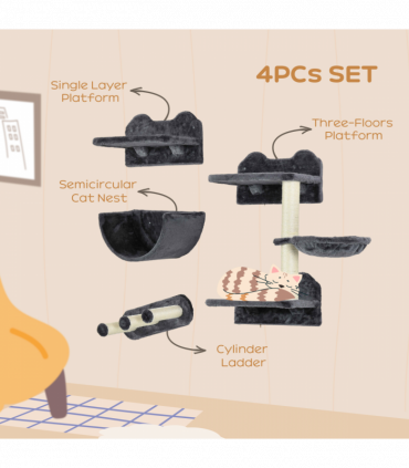 PawHut 4PCs Wall Mounted Cat Tree Cat Wall Shelves W/ Scratching Post Dark Grey