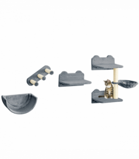 PawHut 4PCs Wall Mounted Cat Tree Cat Wall Shelves W/ Scratching Post Grey