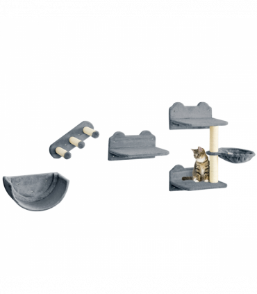 PawHut 4PCs Wall Mounted Cat Tree Cat Wall Shelves W/ Scratching Post Grey