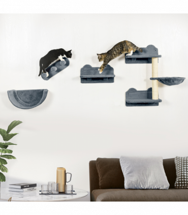 PawHut 4PCs Wall Mounted Cat Tree Cat Wall Shelves W/ Scratching Post Grey