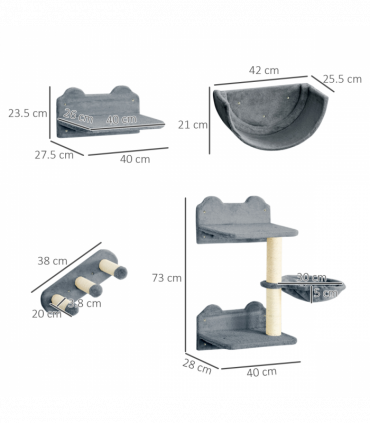 PawHut 4PCs Wall Mounted Cat Tree Cat Wall Shelves W/ Scratching Post Grey