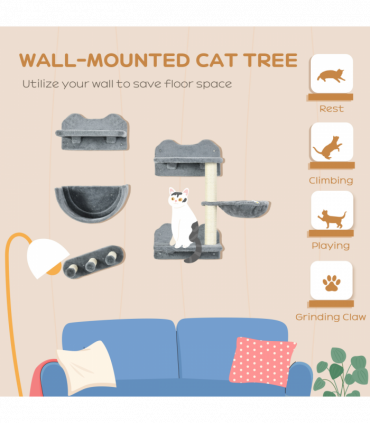 PawHut 4PCs Wall Mounted Cat Tree Cat Wall Shelves W/ Scratching Post Grey