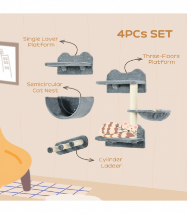 PawHut 4PCs Wall Mounted Cat Tree Cat Wall Shelves W/ Scratching Post Grey