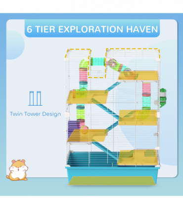 PawHut 6 Tier Hamster Cage with Twin Tower and Accessories, Light Blue