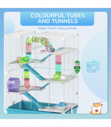 PawHut 6 Tier Hamster Cage with Twin Tower and Accessories, Light Blue