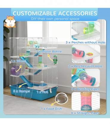 PawHut 6 Tier Hamster Cage with Twin Tower and Accessories, Light Blue
