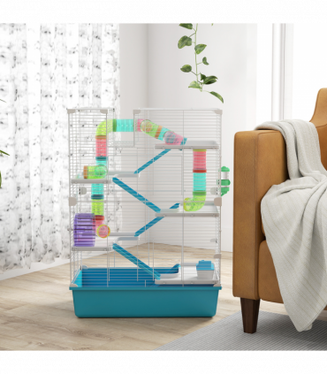 PawHut 6 Tier Hamster Cage with Twin Tower and Accessories, Light Blue