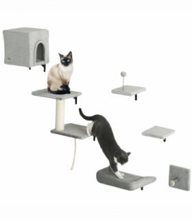 PawHut 6-Piece Cat Wall Shelves Set, Cat Wall Furniture with Condo, Grey