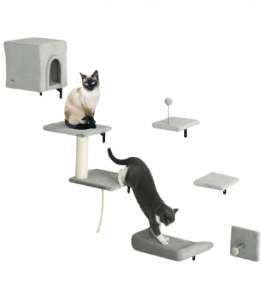 PawHut 6-Piece Cat Wall Shelves Set, Cat Wall Furniture with Condo, Grey