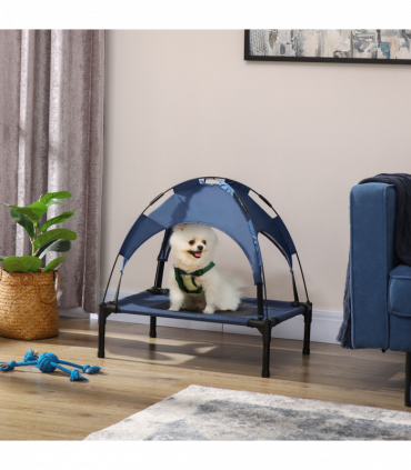 PawHut 61cm Elevated Dog Bed Cooling Raised Pet Cot UV Protection Canopy Blue