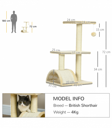 PawHut 72cm Cat Tree Climbing Tower with Sisal Scratching Post - Cream White
