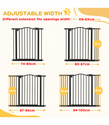 PawHut 74-100cm Adjustable Metal Pet Gate Safety Barrier w/ Auto-Close Black