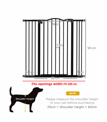 PawHut 74-100cm Adjustable Metal Pet Gate Safety Barrier w/Auto-Close Door Black