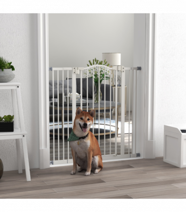 PawHut 74-100cm Adjustable Metal Pet Gate Safety Barrier w/Auto-Close Door White