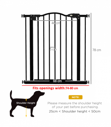 PawHut 74-80cm Adjustable Metal Pet Gate Safety Barrier w/ Auto-Close Black