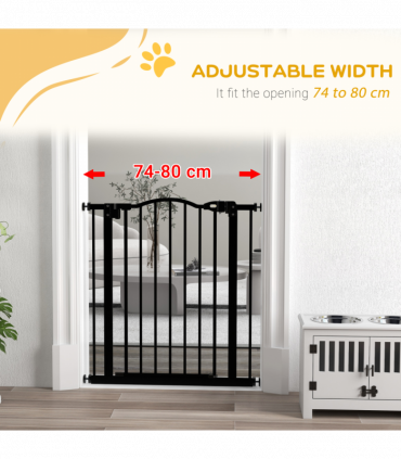 PawHut 74-80cm Adjustable Metal Pet Gate Safety Barrier w/ Auto-Close Black
