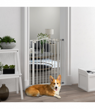 PawHut 74-80cm Adjustable Metal Pet Gate Safety Barrier w/ Auto-Close Door White