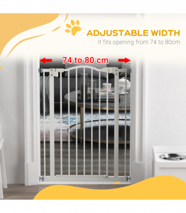 PawHut 74-80cm Adjustable Metal Pet Gate Safety Barrier w/ Auto-Close Door White