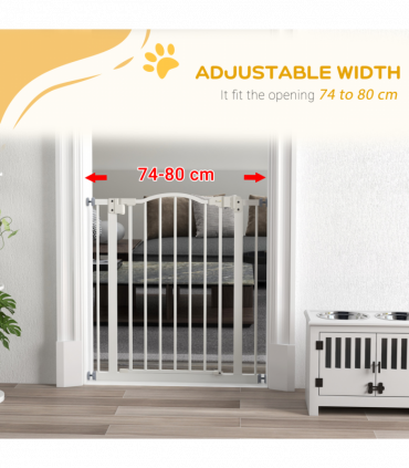 PawHut 74-80cm Adjustable Metal Pet Gate Safety Barrier w/ Auto-Close White
