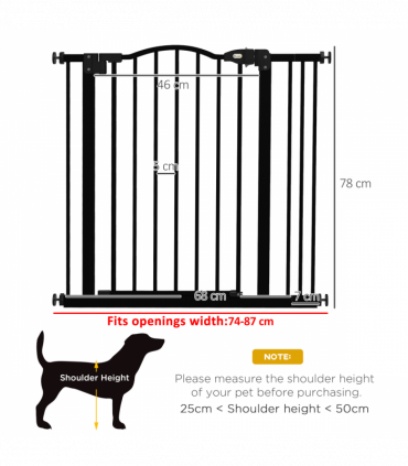 PawHut 74-87cm Adjustable Metal Pet Gate Safety Barrier w/ Auto-Close Black