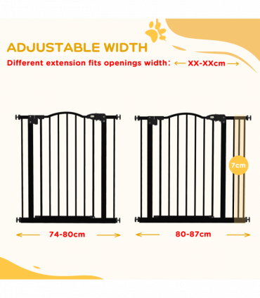 PawHut 74-87cm Adjustable Metal Pet Gate Safety Barrier w/ Auto-Close Black