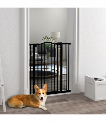 PawHut 74-87cm Adjustable Metal Pet Gate Safety Barrier w/ Auto-Close Door Black