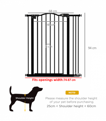 PawHut 74-87cm Adjustable Metal Pet Gate Safety Barrier w/ Auto-Close Door Black