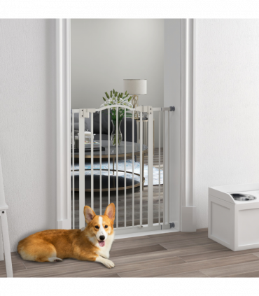 PawHut 74-87cm Adjustable Metal Pet Gate Safety Barrier w/ Auto-Close Door White