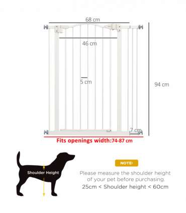 PawHut 74-87cm Adjustable Metal Pet Gate Safety Barrier w/ Auto-Close Door White
