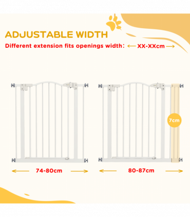 PawHut 74-87cm Adjustable Metal Pet Gate Safety Barrier w/ Auto-Close White